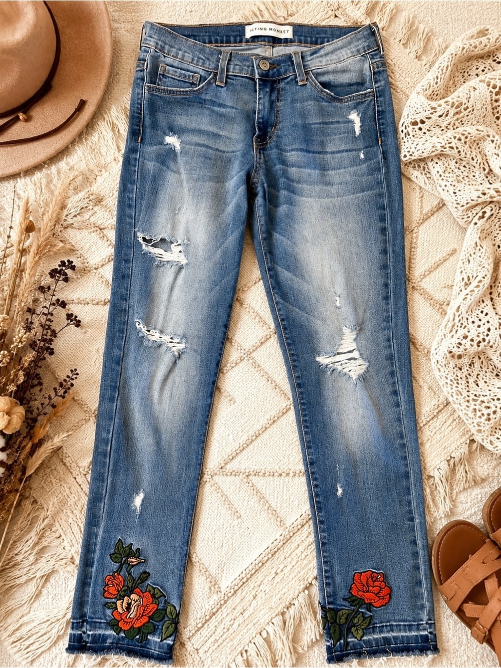 Flying Monkey Embroidered Rose Distressed Cropped Skinny Jeans 27